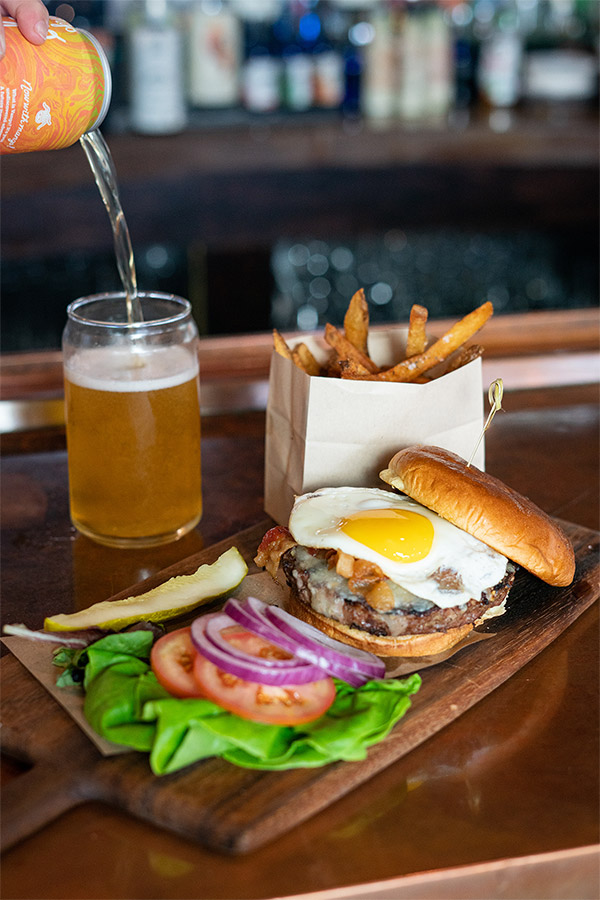 Classic Burger with Fried Egg, Fries and Beer