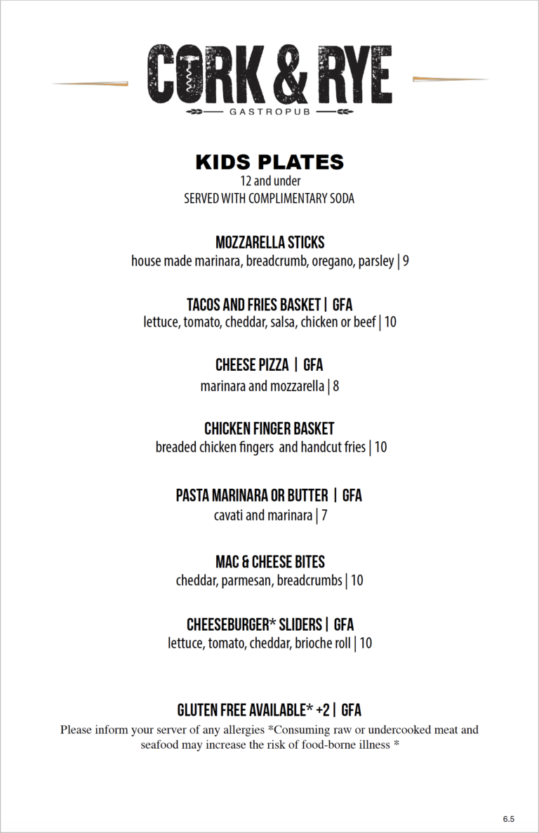 Kids Menu Cork & Rye