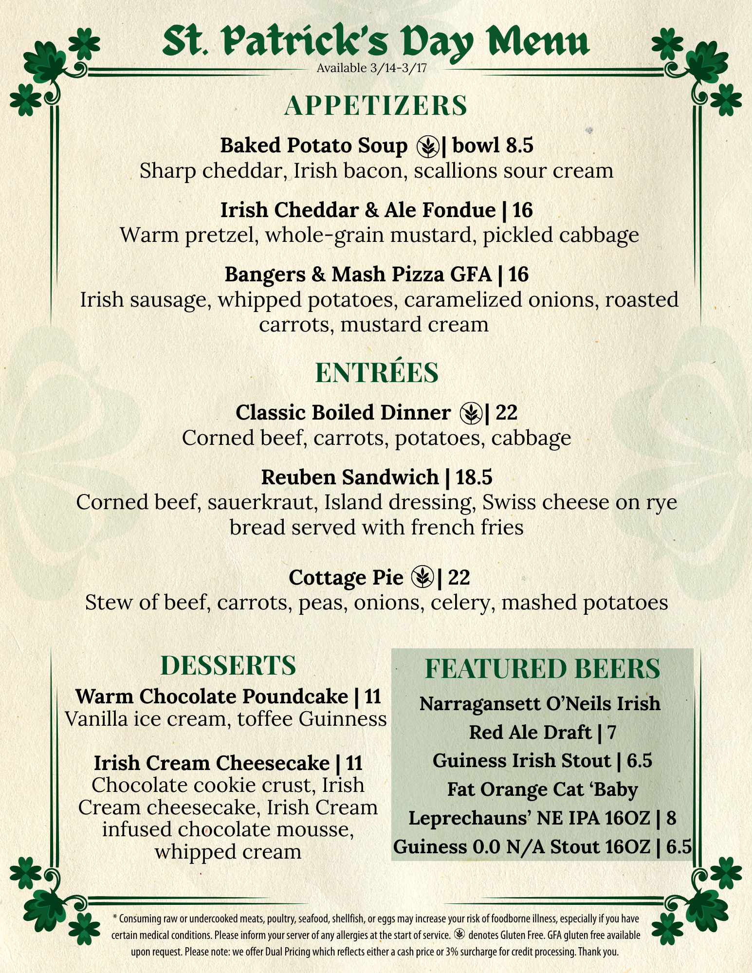 CORK CASK 2026 St. Patrick's Day Menu